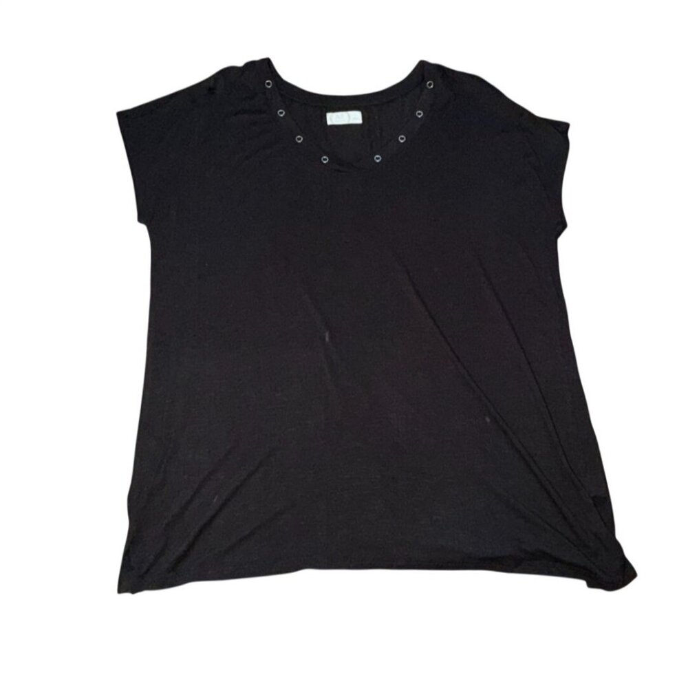Maurices Womens V-Neck Short Sleeve Shirt W/ Neck Detail-Black-L-GUC